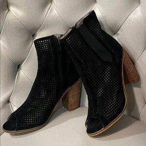 Black Perforated Peep-Toe Block Heel Ankle Booties